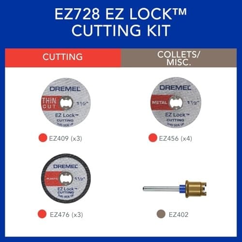 Dremel EZ728-01 EZ Kilit Döner Alet Kesme Diskleri Aksesuar Kiti, Plastik, Metal ve İnce Kesimler için Kesme Tekerlekleri, 11 Parça Çeşitli Aksesuar Seti