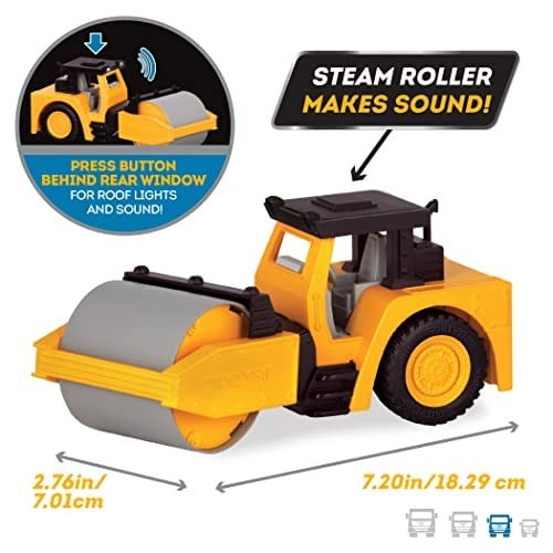 DRIVEN by Battat - Micro Steam Roller - Rugged Toy Steam Roller with Lights and Sounds, for Kids Age 4+