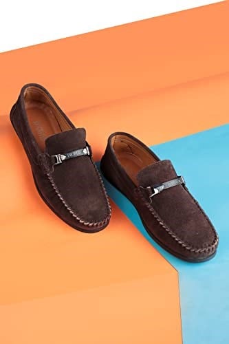 Ducavelli Halb Hakiki Deri Erkek Günlük Ayakkabı, Loafer Ayakkabı, Hafif Ayakkabı, Tokalı Loafer, Süet Ayakkabı Kahverengi, 45