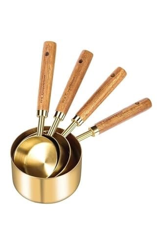 DUFFA Premium Ahşap Saplı Gold Ölçü Kabı Seti - 4lü Paslanmaz Çelik Gold Ölçü Kaşığı ve Kabı, Şef Tipi Hassas Sıvı ve Kuru Malzeme Ölçeği, Mutfak ve Pişirme Seti