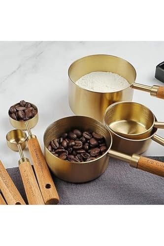 DUFFA Premium Ahşap Saplı Gold Ölçü Kabı Seti - 4lü Paslanmaz Çelik Gold Ölçü Kaşığı ve Kabı, Şef Tipi Hassas Sıvı ve Kuru Malzeme Ölçeği, Mutfak ve Pişirme Seti