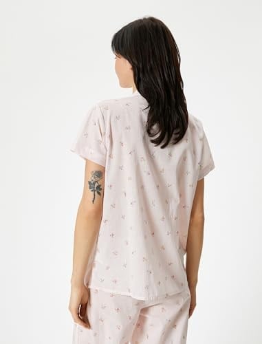 Düğmeli Pijama Üstü Çiçekli Kısa Kollu Cepli