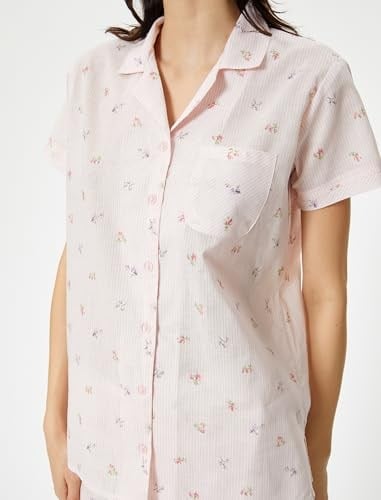 Düğmeli Pijama Üstü Çiçekli Kısa Kollu Cepli