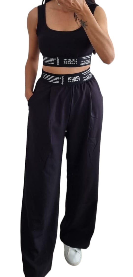 Duygu Dilsiz Kadın Siyah Beli Lastikli Crop Üst ve Bol Paça Pantolon Takım, Rahat