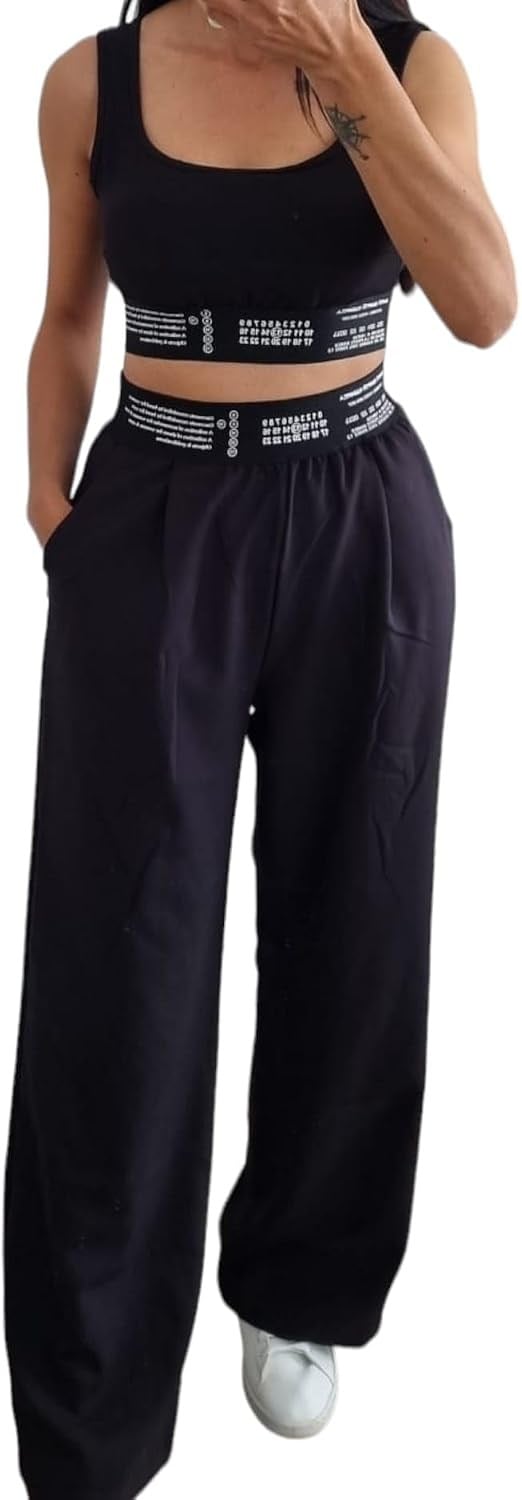 Duygu Dilsiz Kadın Siyah Beli Lastikli Crop Üst ve Bol Paça Pantolon Takım, Rahat