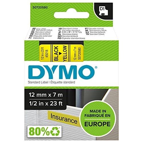Dymo S0720580, D1 Yedek Şerit (12 mm x 7 mt), Sarı/Siyah (45018) - Seçenekler: 1 Piece, 6 MmX7 M, 6 mm x 7 mt, 9 mm x 7 mt, 10 adet...