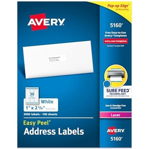 Easy Peel Laser adresi etiket, 1 x 2 – 5/8, beyaz, 3000/box, sold AS 1 Box