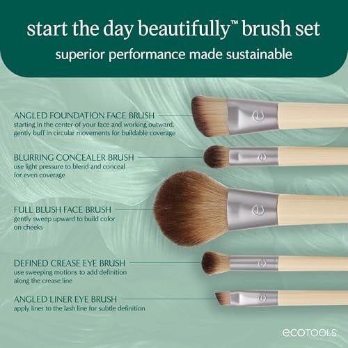 EcoTools Güne Güzel Başlayın Makyaj Fırça Seti, Göz Farı, Fondöten, Allık ve Kapatıcı İçin, Saklama Tepsisi ile, Seyahat Dostu Makyaj Fırçası Zımbaları, Çevre Dostu, Zulüm İçermez, 6 Parça Set