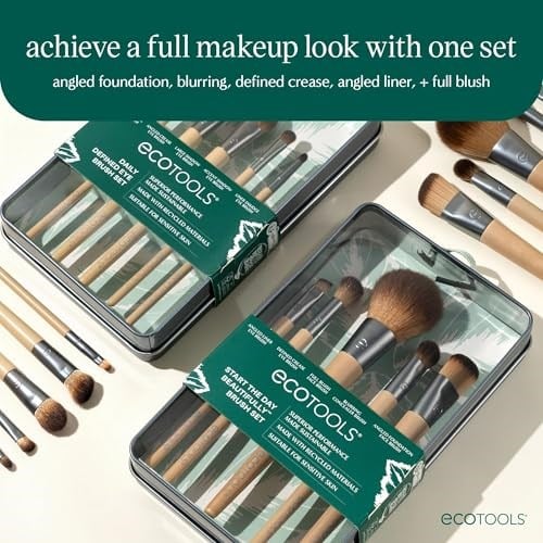 EcoTools Güne Güzel Başlayın Makyaj Fırça Seti, Göz Farı, Fondöten, Allık ve Kapatıcı İçin, Saklama Tepsisi ile, Seyahat Dostu Makyaj Fırçası Zımbaları, Çevre Dostu, Zulüm İçermez, 6 Parça Set