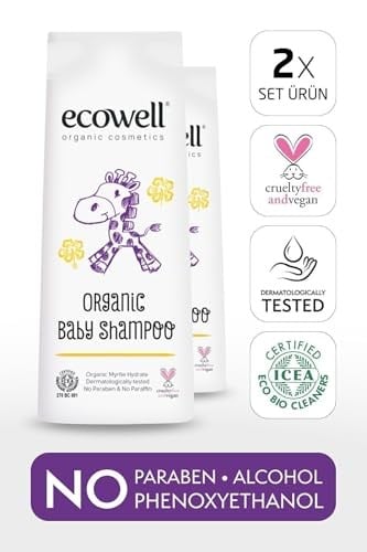 ECOWELL Bebek Saç & Vücut Şampuanı Set, Organik & Vegan Sertifikalı, Parabensiz Doğal Konak Önleyici 2x300ml