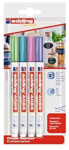 edding 4085 tebeşir kalemi - yeşil, mavi, mor, pembe (metalik) - 4 tebeşir kalemi - 1-2 mm yuvarlak uçlu - Seçenekler: 2li paket, 4lü set, tek kalem