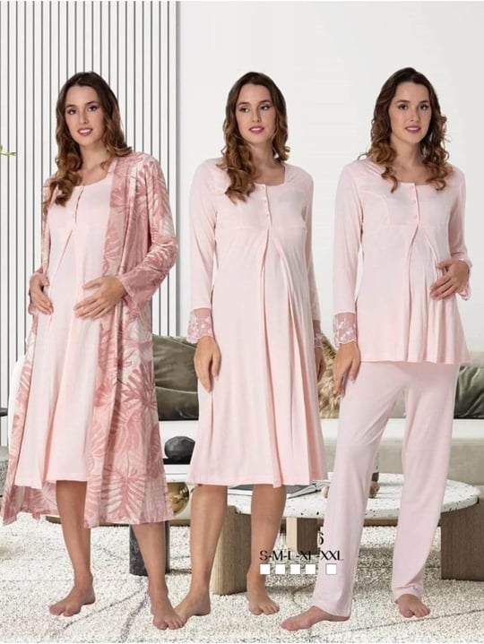 Effort Kadın Gri Hamile Lohusa Sabahlıklı Gecelik Ve Pijama Takımı Set Effortt