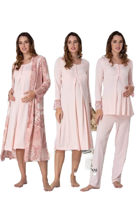 Effort Kadın Gri Hamile Lohusa Sabahlıklı Gecelik Ve Pijama Takımı Set Effortt