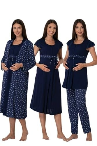 Effort Kadın Lacivert Pamuklu Hamile Lohusa Sabahlıklı Gecelik Ve Pijama Takım Set