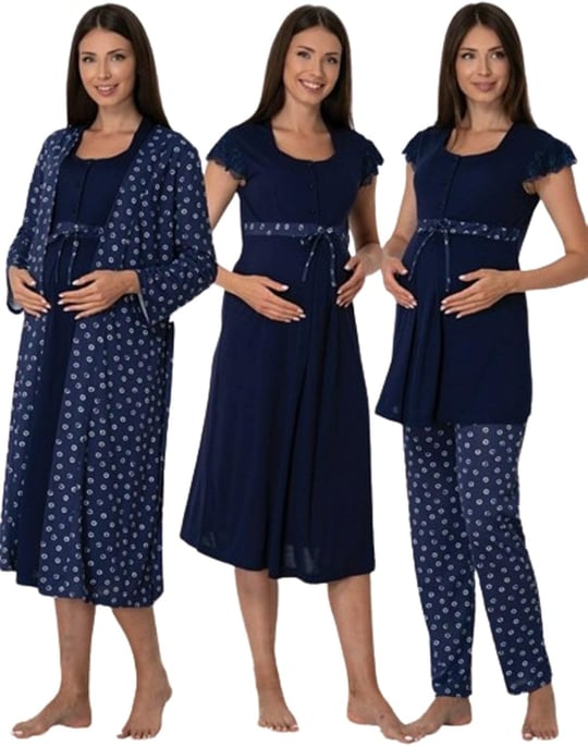 Effort Kadın Lacivert Pamuklu Hamile Lohusa Sabahlıklı Gecelik Ve Pijama Takım Set