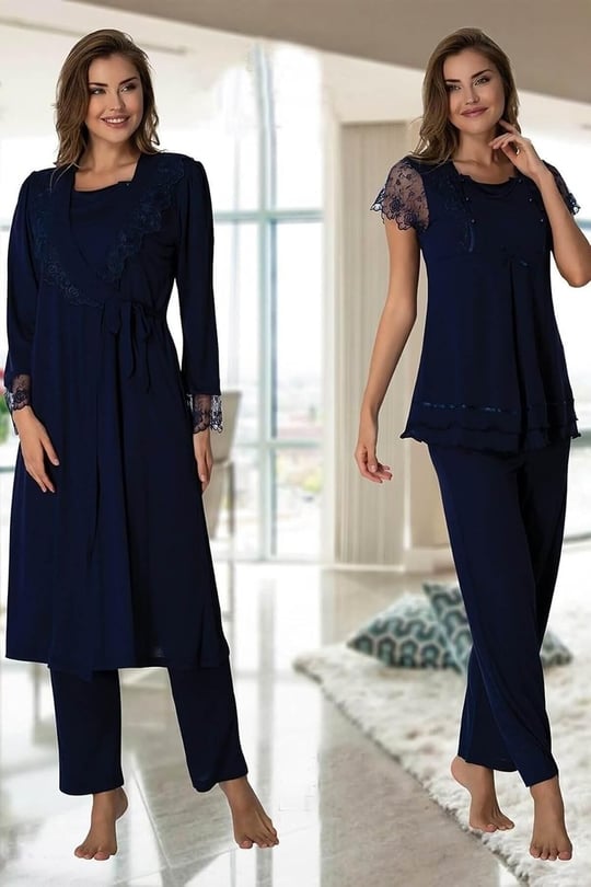 Effort Kadın Lacivert Sabahlıklı Hamile Lohusa Pijama Takımı, M, EF2054EF-19804IGP266266
