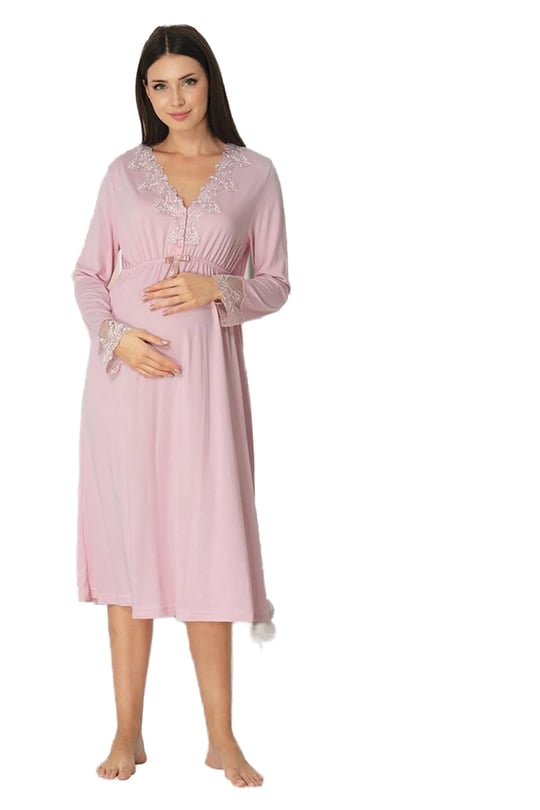 Effort Kadın Mavi Pamuklu Uzun Kollu Lohusa Hamile Gecelik