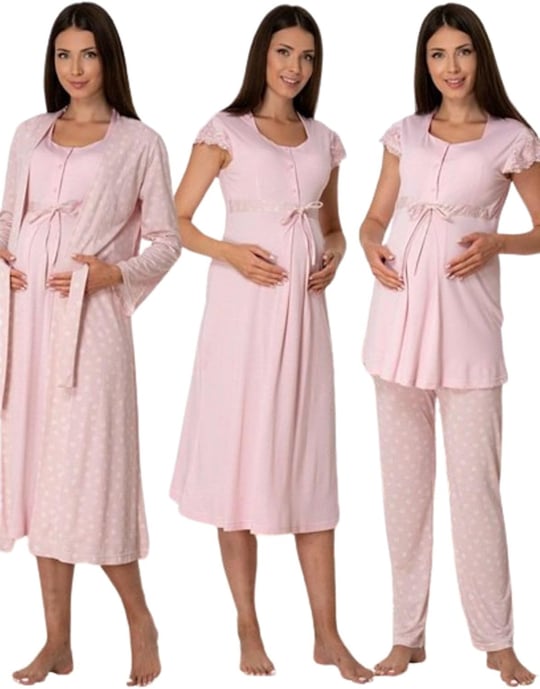 Effort Kadın Pembe Pamuklu Hamile Lohusa Sabahlıklı Gecelik Ve Pijama Takım Set