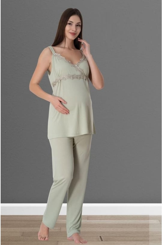 Effort Yeşil Hamile Lohusa Emzirme Özellikli Askılı Pijama Takımı