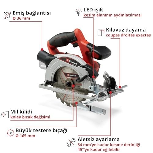 Einhell Akülü Daire Testere TE-CS 18/165-1 Li-Solo Power X-Change (18 V, Li-Ion, Ø165 x Ø20 mm Testere Bıçağı, Aletsiz Kesim Derinliği ve Açı Ayarı, Akü ve Şarj Cihazı Dahil Değildir) - 4331207