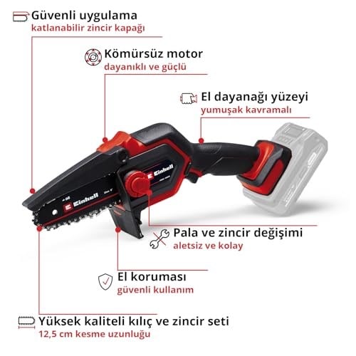 Einhell Akülü Dal Budama Testeresi GE-PS 18/15 Li BL-Solo Power X-Change (18 V, kömürsüz motor, 12,5 cm kesim uzunluğu, aletsiz zincir ve kılavuz değişimi, akü dahil değildir) - 4600040