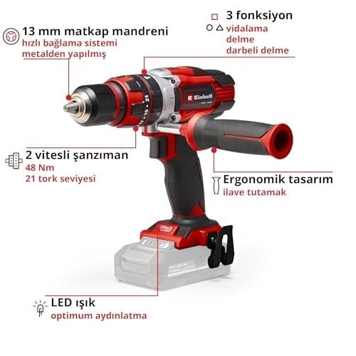 Einhell Akülü Darbeli Vidalama TE-CD 18/48 Li-i-Solo Power X-Change (Li-Ion, 18 V, 2 Vitesli Şanzıman, Darbeli Vidalama Fonksiyonu, Devir Kontrolü, LED, akü ve şarj cihazı dahil değildir) - 4513926