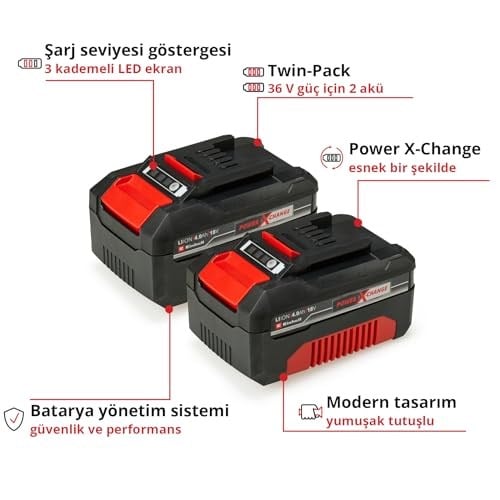Einhell PXC Twin Pack 2x18 V 4,0 Ah Power X-Change Akü (Li-Ion, 18 V, 2 x 4.0 Ah, tüm Power X-Change cihazları ile uyumlu, Aktif Akü Yönetim Sistemi, Özel Şarj Döngüleri) - 4511489