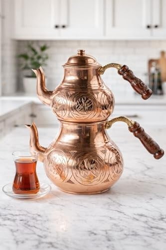 El İşlemeli Bakır Çaydanlık Takımı, Geleneksel Türk Çift Demlik Seti, Kalay Kaplı, 0.9L ve 1.8L, Keski Modeli