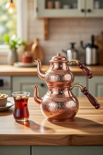 El İşlemeli Bakır Çaydanlık Takımı, Geleneksel Türk Çift Demlik Seti, Kalay Kaplı, 0.9L ve 1.8L, Keski Modeli
