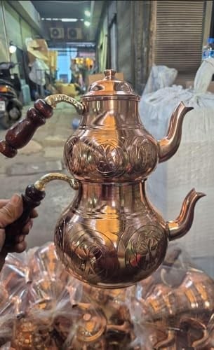 El İşlemeli Bakır Çaydanlık Takımı, Geleneksel Türk Çift Demlik Seti, Kalay Kaplı, 0.9L ve 1.8L, Keski Modeli