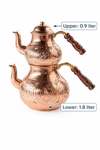 El İşlemeli Bakır Çaydanlık Takımı, Geleneksel Türk Çift Demlik Seti, Kalay Kaplı, 0.9L ve 1.8L, Keski Modeli