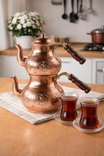 El İşlemeli Bakır Çaydanlık Takımı, Geleneksel Türk Çift Demlik Seti, Kalay Kaplı, 0.9L ve 1.8L, Keski Modeli