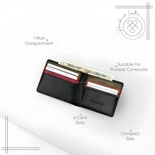 El Yapımı Deri Bifold Erkek Cüzdanı | Tam Tahıl Hakiki Deriden Üretildi | RFID Güvenli İnce Yatay Cüzdan 6 Kart Sahibiyle | Noel Doğum Günü için Hediye Kutusu ve Kılıfı