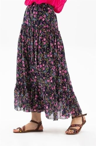 Eliş Şile Bezi Buse Vual Uzun Yazlık Etek Tomurcuk Desen Koyu Mor, S/M, ETK.K.0010, Koyu Mor, Kadın