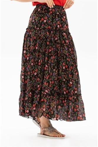 Eliş Şile Bezi Buse Vual Uzun Yazlık Etek Tomurcuk Desen, L/XL, ETK.K.0010, Siyah, Kadın