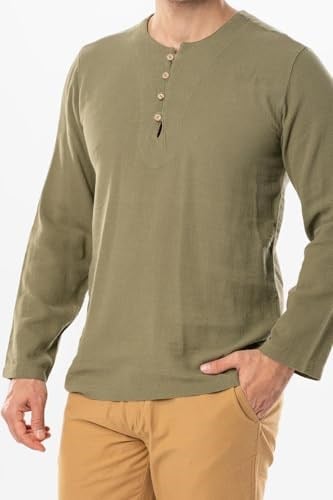 Eliş Şile Bezi Halikarnas Uzun Kol Violet Düğme Detaylı Erkek Yazlık Tshirt Haki Hk