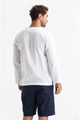 Eliş Şile Bezi Uzun Kol Şile Bezi Bisiklet Yaka Etnik Yazlık T-shirt, M, TST.E.0001, Beyaz, Erkek
