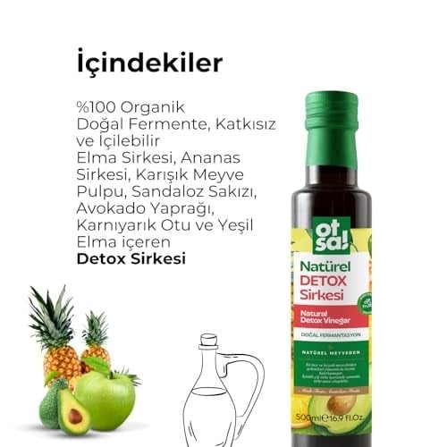 Elma Sirkesi, Ananas Sirkesi, Karışık Meyve Pulpu, Sandaloz Sakızı, Avokado Yaprağı, Karnıyarık Otu ve Yeşil Elma Kabuğu İçeren Doğal Detox Sirkesi 500 ml