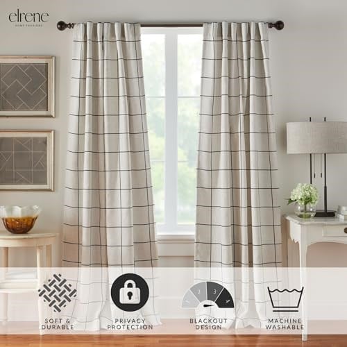 Elrene Home Fashions Brighton Pencere Camı Ekose Karartma Pencere Perdesi, Oturma Odası ve Yatak Odası Örtüsü, Çubuk Cep Sekmel - Seçenekler: 132.1G x 213.4U cm (1 Panel), 132.1G x 241.3U cm (1 Panel)