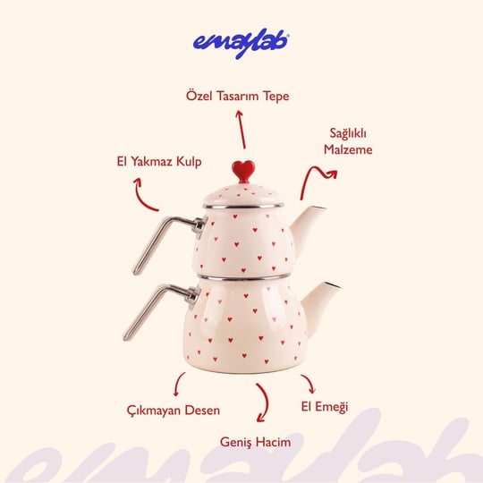 Emaylab Cupid Kalp Desenli Emaye Çaydanlık Takımı (özel Zamak Tepeli)
