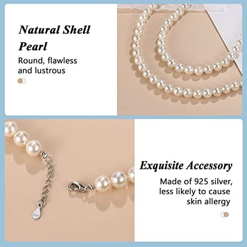 Emibele Shell Pearl Necklace for Women, Imitation Pearl Necklace 925 Sterling Silver Clasp White Round 8mm Pearl Choker Necklace Simulated Shell Pearls Chain with Extended Link Jewelry Gift for Her