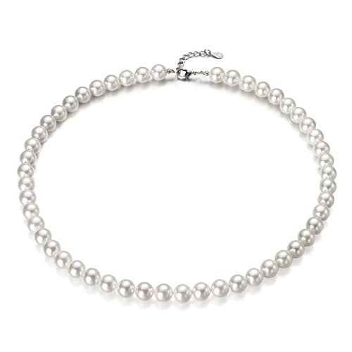 Emibele Shell Pearl Necklace for Women, Imitation Pearl Necklace 925 Sterling Silver Clasp White Round 8mm Pearl Choker Necklace Simulated Shell Pearls Chain with Extended Link Jewelry Gift for Her