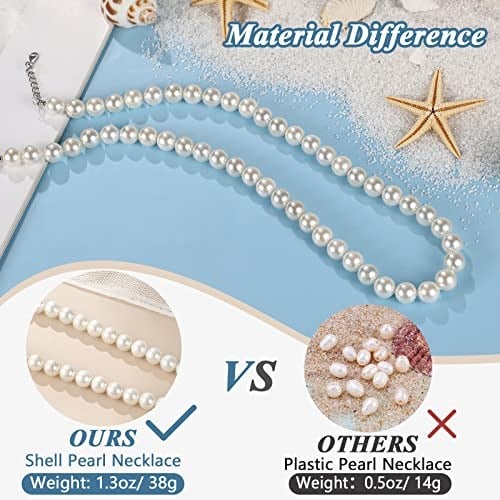 Emibele Shell Pearl Necklace for Women, Imitation Pearl Necklace 925 Sterling Silver Clasp White Round 8mm Pearl Choker Necklace Simulated Shell Pearls Chain with Extended Link Jewelry Gift for Her