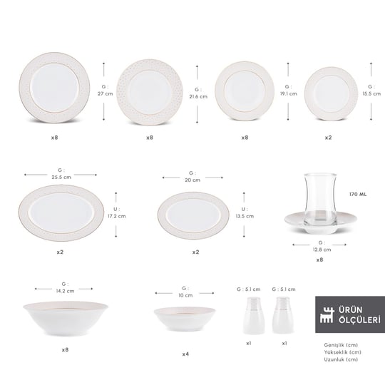 Emsan Elegance Bone Alessa 60 Parça 8 Kişilik Yemek Takımı ve Kahvaltı Seti