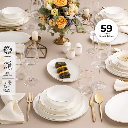 Emsan Galia Fine Bone 59 Parça 12 Kişilik Yuvarlak Yemek Takımı Gold