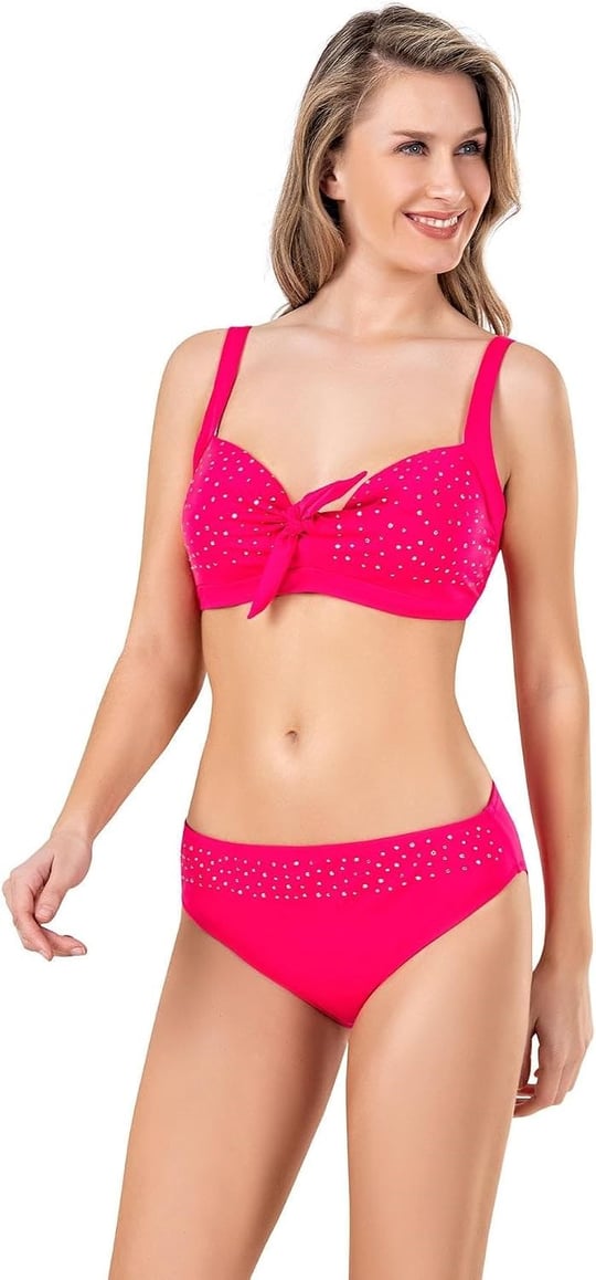 Endeep Kadın Fiyonk ve Taş Detaylı Büyük Beden Pembe Bikini Takımı