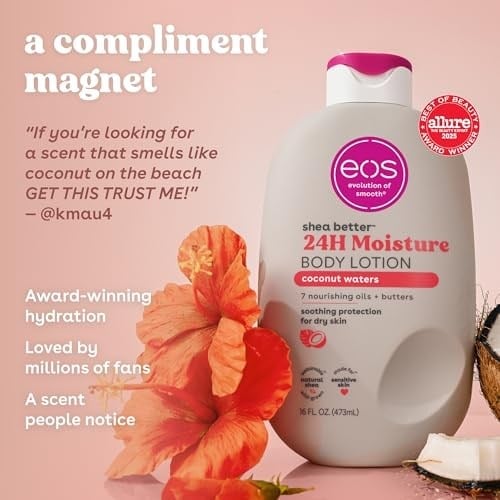 eos Shea Better Vücut Losyonu Hindistan Cevizi Suları, 24 Saat Nem Cilt Bakımı, Hafif ve Yağsız, Doğal Shea, Vegan, Hindistan Cevizi Vücut Losyonu, 16 fl oz