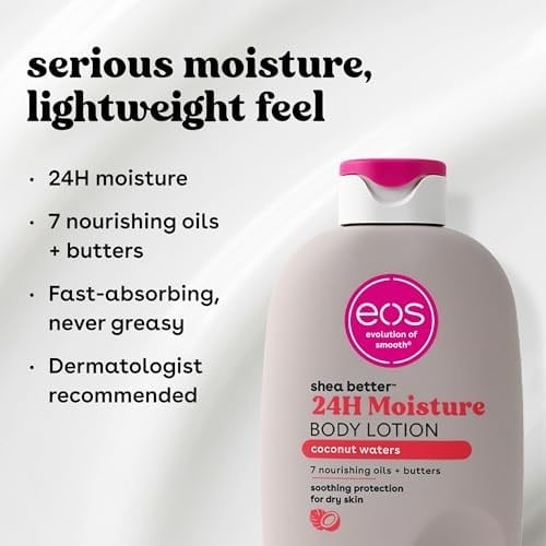 eos Shea Better Vücut Losyonu Hindistan Cevizi Suları, 24 Saat Nem Cilt Bakımı, Hafif ve Yağsız, Doğal Shea, Vegan, Hindistan Cevizi Vücut Losyonu, 16 fl oz