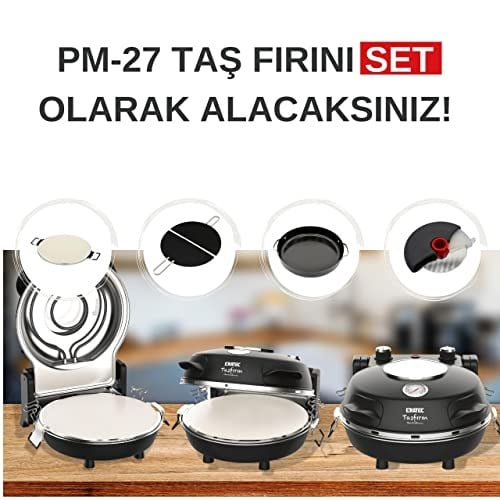 ERATEC - Pizza fırını, SET-PM-27. 400°Cye kadar sıcaklık, 5 pişirme kademesi, pizza 4 dakika hazır, aksesuarlar dahil: 32 cm ateşe dayanıklı taş plaka, XXL tava eklentisi, pizza küreği, pizza kesici.