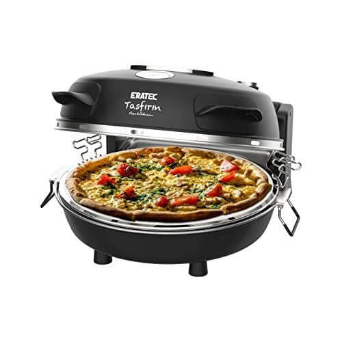 ERATEC - Pizza fırını, SET-PM-27. 400°Cye kadar sıcaklık, 5 pişirme kademesi, pizza 4 dakika hazır, aksesuarlar dahil: 32 cm ateşe dayanıklı taş plaka, XXL tava eklentisi, pizza küreği, pizza kesici.